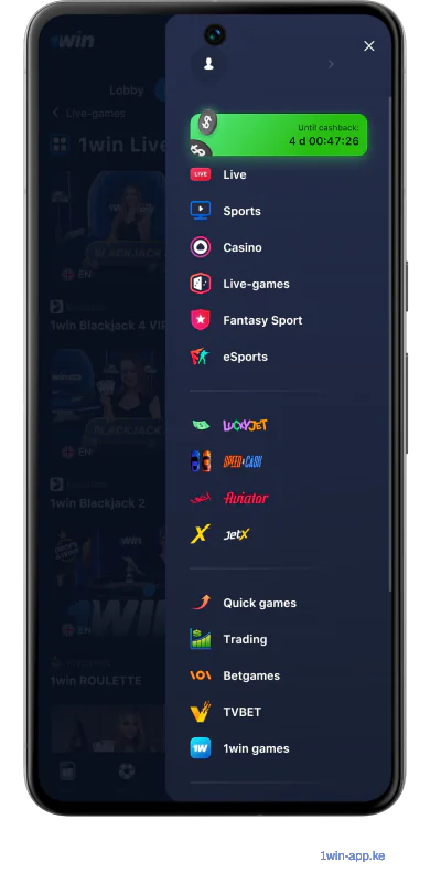 1Win Kenya App - Main Menu