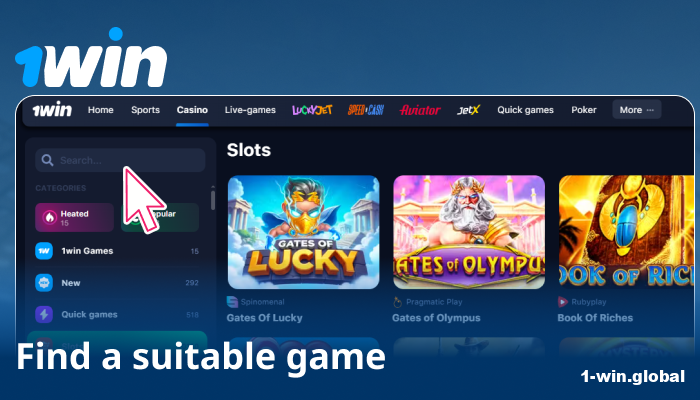 Use filters like New, Top, Only on 1win, or providers to choose
